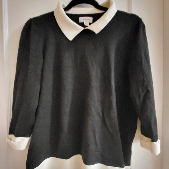 Calvin Klein Tops - Calvin Klein Black Tunic Top White Collar & Cuffs Size Large Preppy Goth Mod